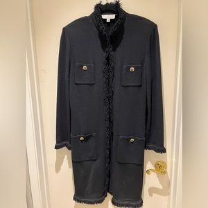 St. John Long Sweater coat with fringe detail and gold tone buttons.